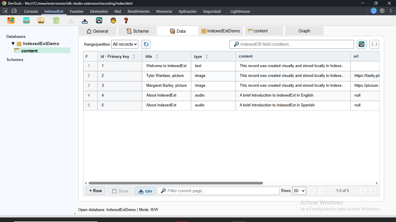 IndexedExt running inside Chrome DevTools and displaying records from an IndexedDB object store.